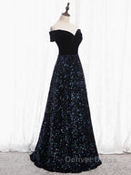 Shiny Off the Shoulder Black Prom Dress with Corset Back, Shiny Black Long Prom Dresses