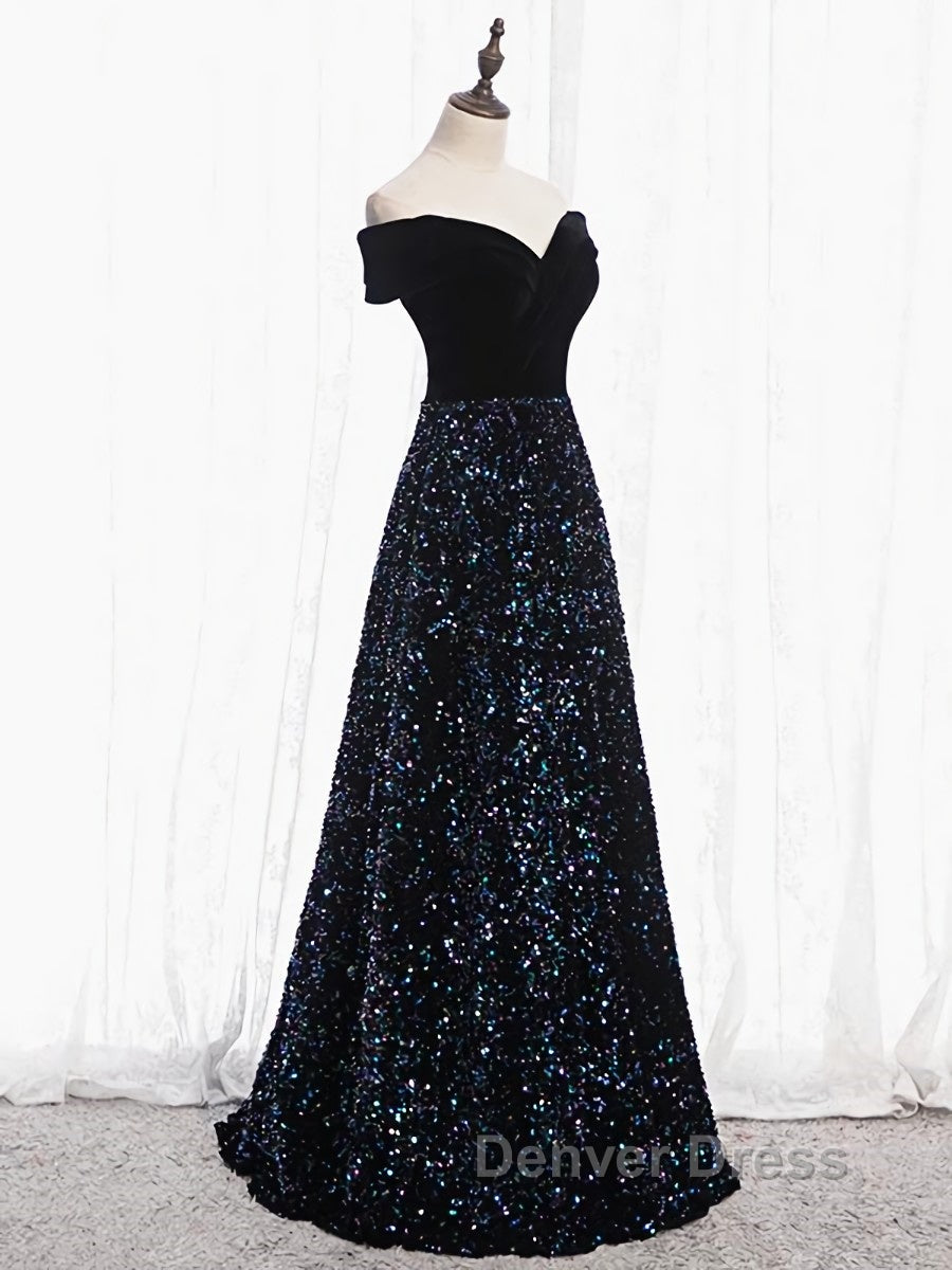 Shiny Off the Shoulder Black Prom Dress with Corset Back, Shiny Black Long Prom Dresses
