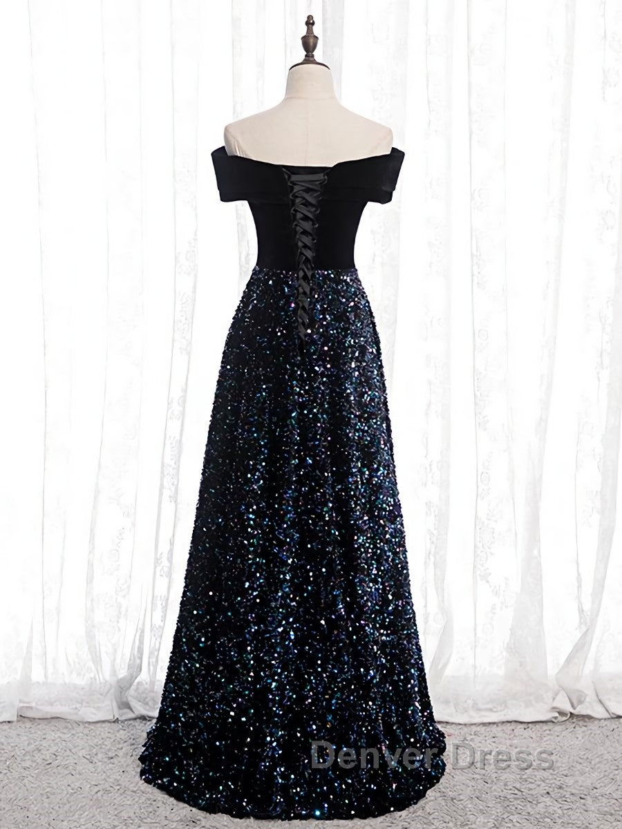 Shiny Off the Shoulder Black Prom Dress with Corset Back, Shiny Black Long Prom Dresses