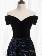Shiny Off the Shoulder Black Prom Dress with Corset Back, Shiny Black Long Prom Dresses