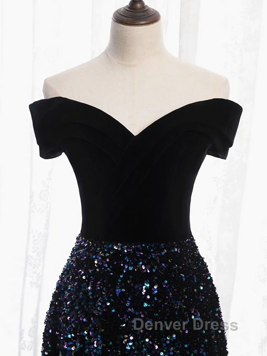 Shiny Off the Shoulder Black Prom Dress with Corset Back, Shiny Black Long Prom Dresses