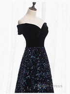 Shiny Off the Shoulder Black Prom Dress with Corset Back, Shiny Black Long Prom Dresses