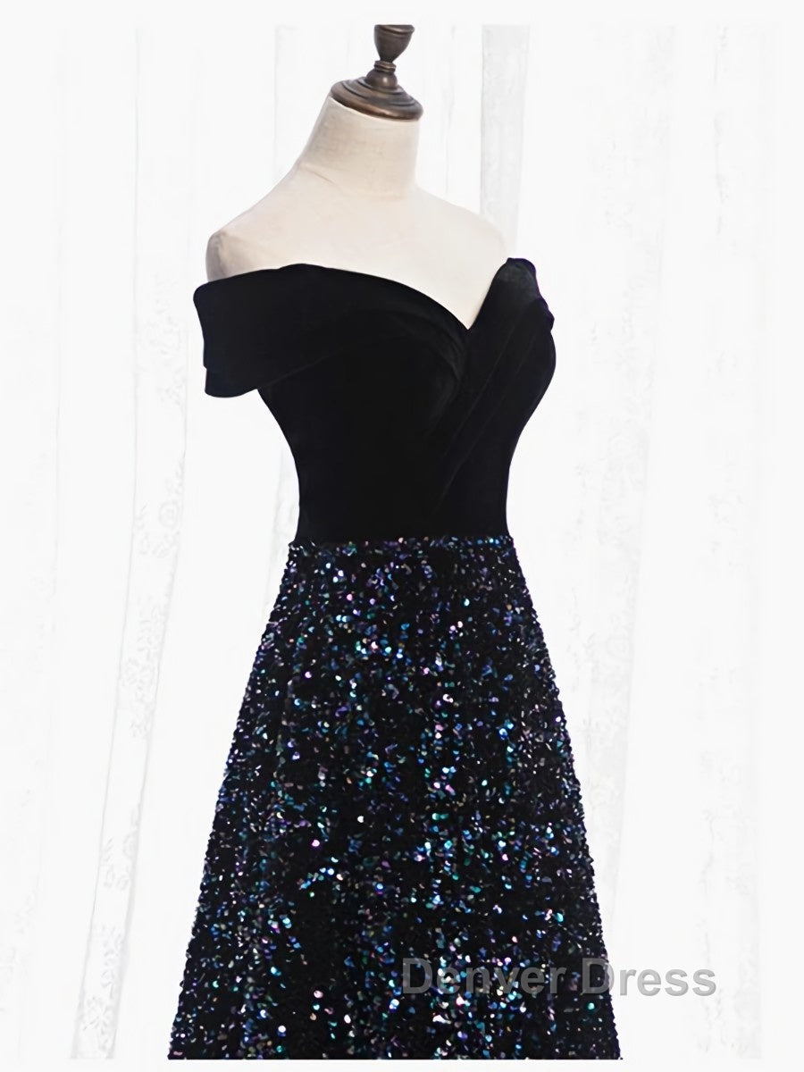 Shiny Off the Shoulder Black Prom Dress with Corset Back, Shiny Black Long Prom Dresses