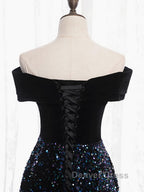Shiny Off the Shoulder Black Prom Dress with Corset Back, Shiny Black Long Prom Dresses