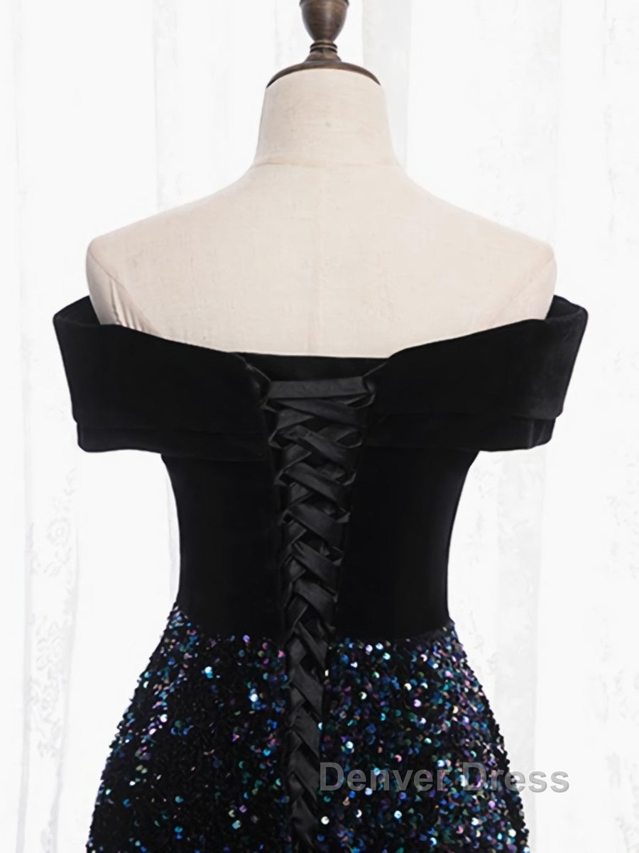Shiny Off the Shoulder Black Prom Dress with Corset Back, Shiny Black Long Prom Dresses