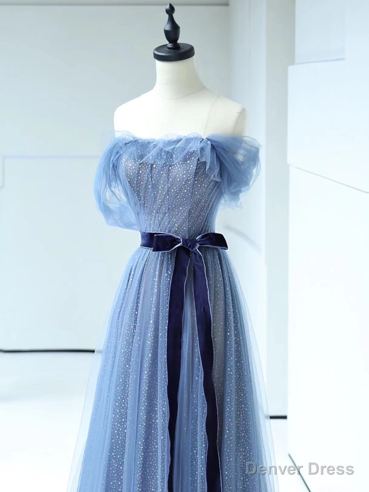 Shiny Off the Shoulder Blue Tulle Prom Dress, Blue Long Prom Dresses