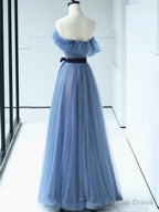 Shiny Off the Shoulder Blue Tulle Prom Dress, Blue Long Prom Dresses