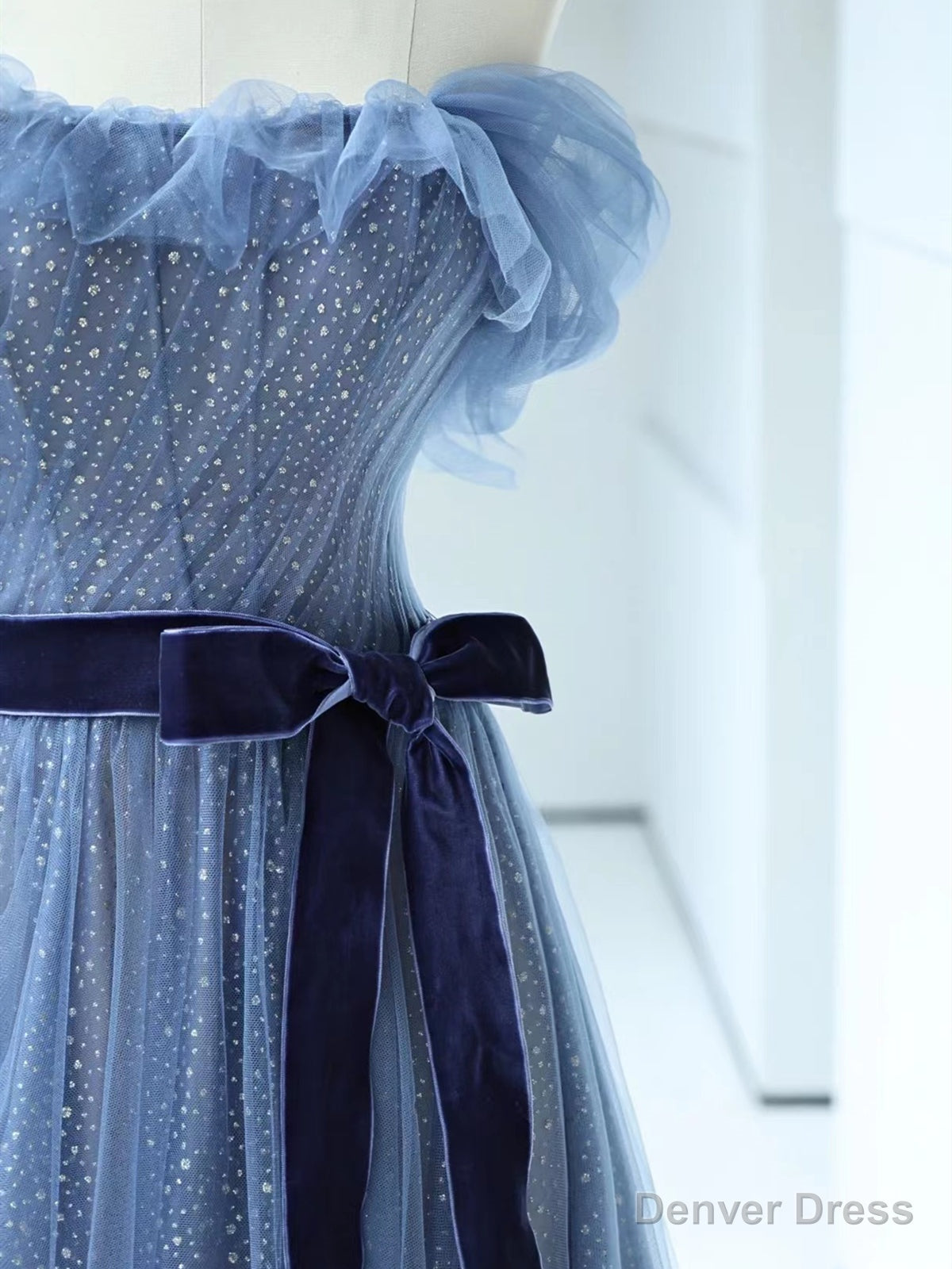 Shiny Off the Shoulder Blue Tulle Prom Dress, Blue Long Prom Dresses