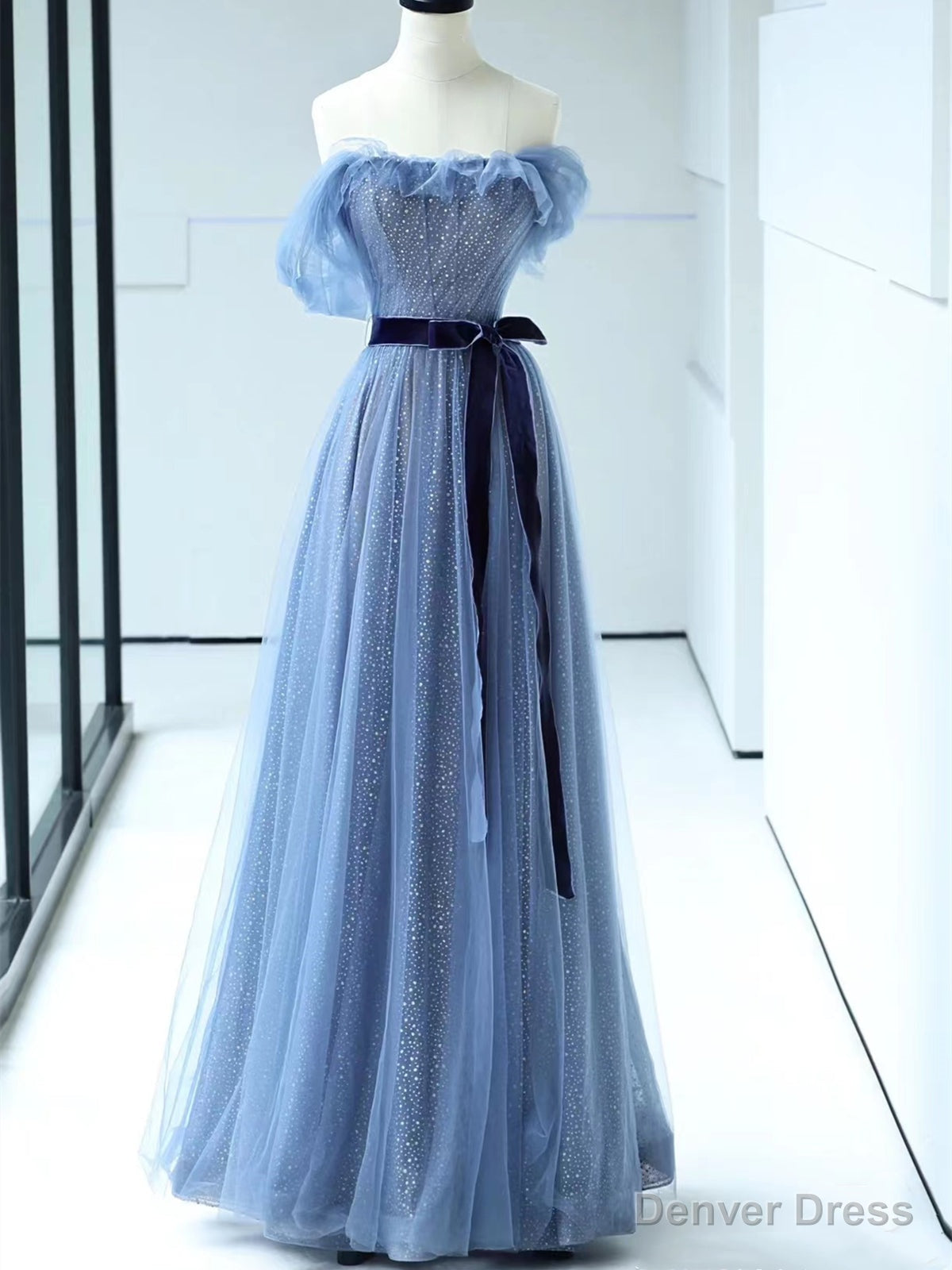 Shiny Off the Shoulder Blue Tulle Prom Dresses, Blue Long Formal Evening Dresses Main image