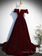 Shiny Off The Shoulder Burgundy Long Prom Dresses