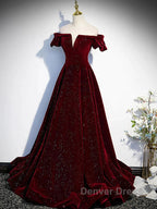 Shiny Off The Shoulder Burgundy Long Prom Dresses, Wine Red Long Formal Evening Dresses