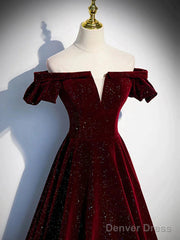 Shiny Off The Shoulder Burgundy Long Prom Dresses, Wine Red Long Formal Evening Dresses