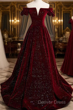 Shiny Off The Shoulder Burgundy Long Prom Dresses