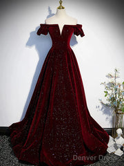 Shiny Off The Shoulder Burgundy Long Prom Dresses