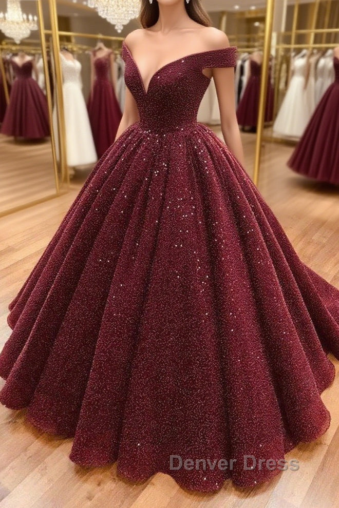 Shiny Off the Shoulder Burgundy Prom Dress, Dark Wine Red Off Shoulder Long Prom Dresses