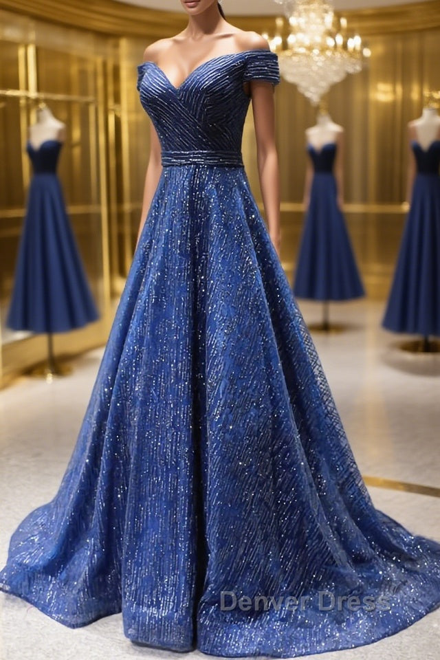 Shiny Off the Shoulder Navy Blue Long Prom Dress, Off Shoulder Blue Prom Dresses Main image
