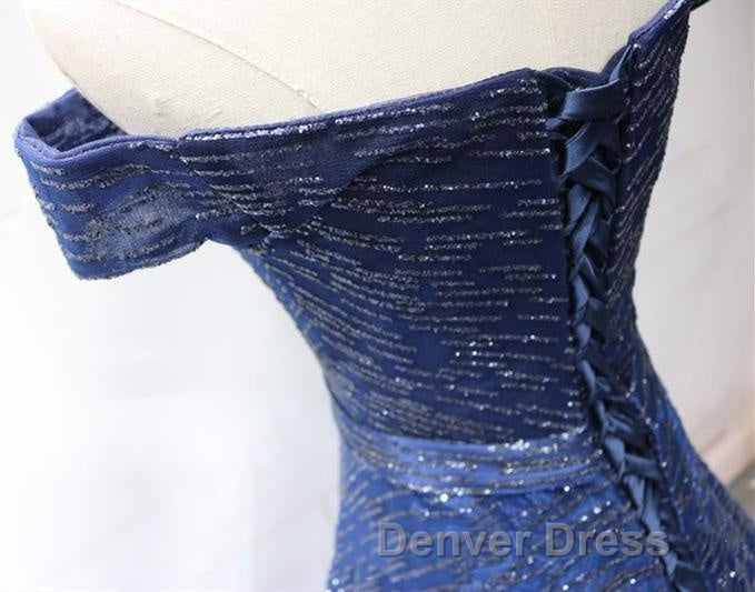 Shiny Off the Shoulder Navy Blue Long Prom Dress, Off Shoulder Blue Prom Dresses Secondary image
