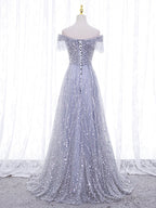 Shiny Off the Shoulder Silver Gray Long Prom Dress, Silver Gray Long Prom Dresses
