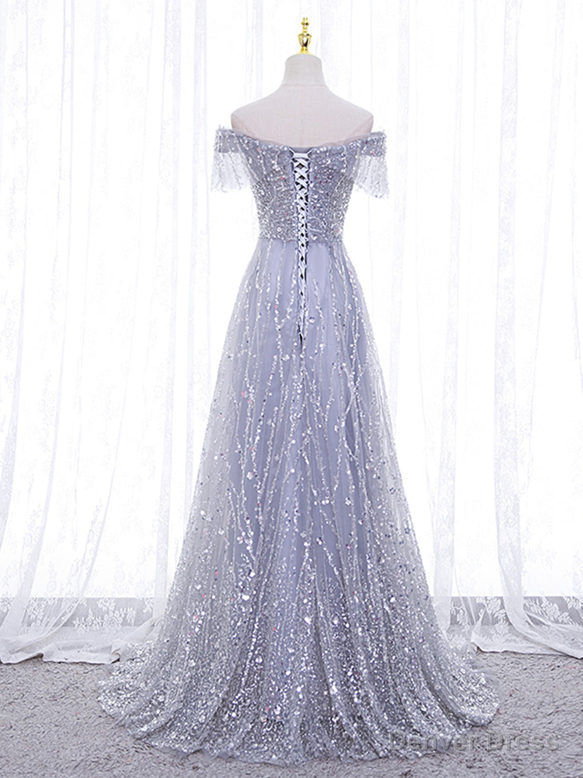 Shiny Off the Shoulder Silver Gray Long Prom Dress, Silver Gray Long Prom Dresses
