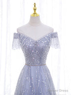 Shiny Off the Shoulder Silver Gray Long Prom Dress, Silver Gray Long Prom Dresses