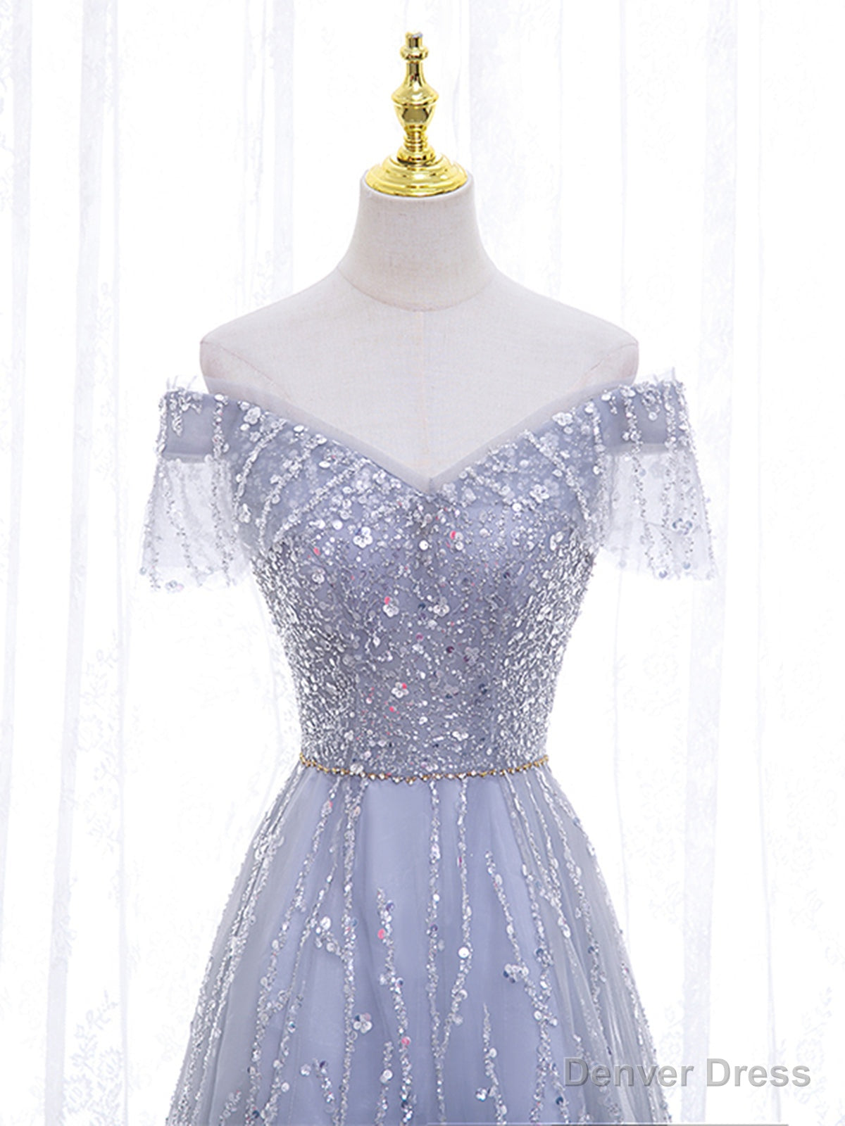 Shiny Off the Shoulder Silver Gray Long Prom Dress, Silver Gray Long Prom Dresses