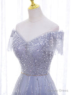 Shiny Off the Shoulder Silver Gray Long Prom Dress, Silver Gray Long Prom Dresses