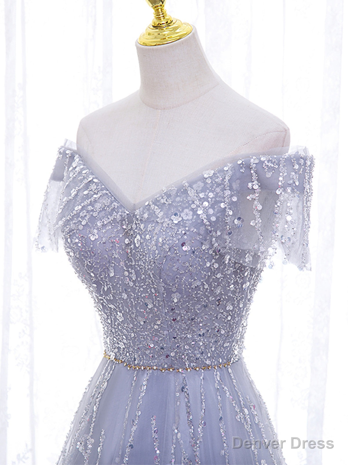 Shiny Off the Shoulder Silver Gray Long Prom Dress, Silver Gray Long Prom Dresses