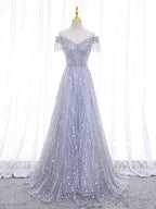 Shiny Off the Shoulder Silver Gray Long Prom Dress, Silver Gray Long Prom Dresses