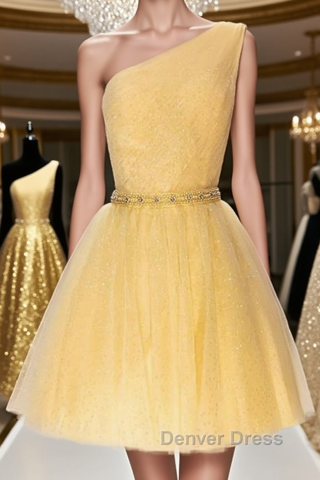 Shiny One Shoulder Yellow Short Prom Homecoming Dress with Belt, Short One Shoulder Yellow Prom Dresses Main image