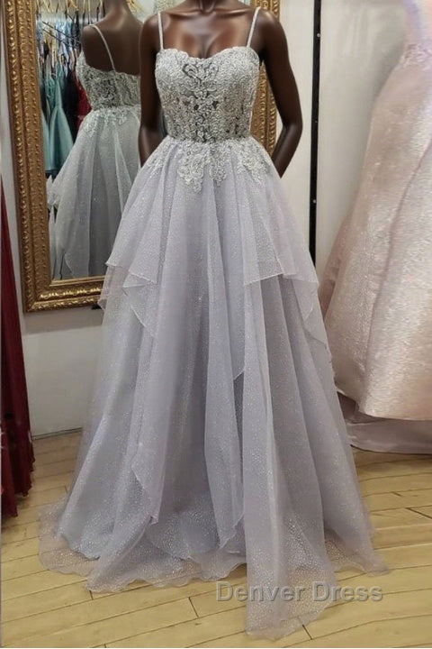 Shiny Open Back Gray Lace Long Prom Dress, Gray Lace Prom Dress, Long Grey Prom Dresses