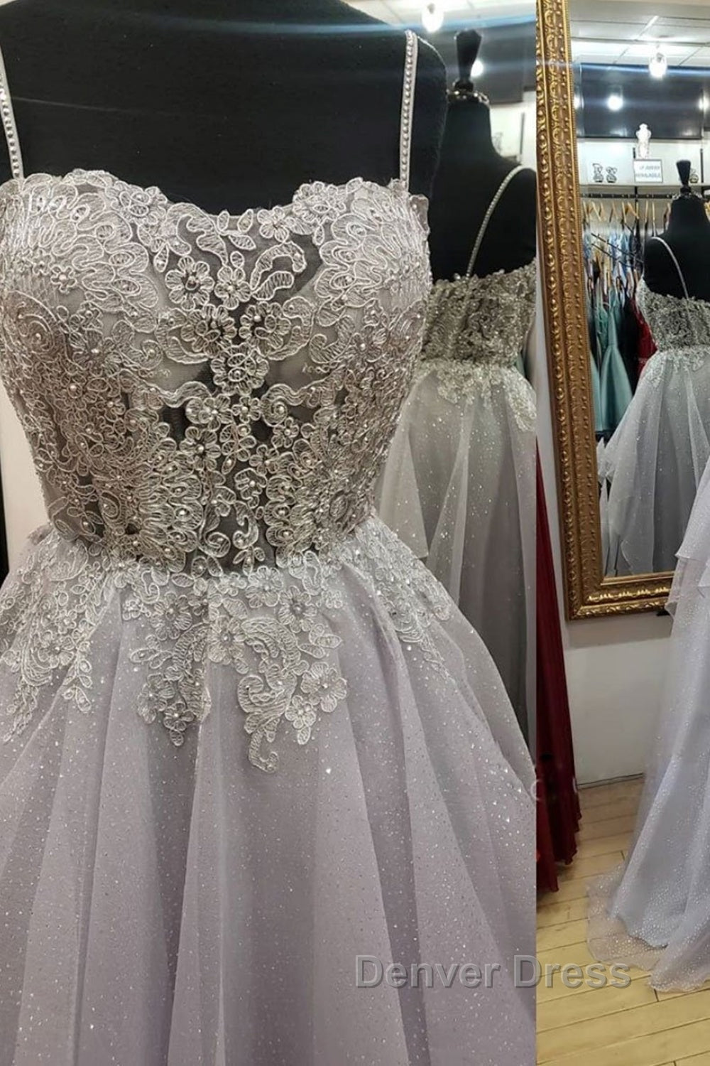 Shiny Open Back Gray Lace Long Prom Dress, Gray Lace Prom Dress, Long Grey Prom Dresses Secondary image