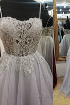 Shiny Open Back Gray Lace Long Prom Dress, Gray Lace Prom Dress, Long Grey Prom Dresses