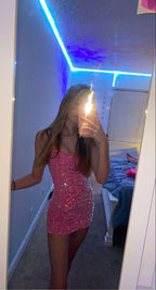 Shiny Pink Sequined Strapless Bodycon Homecoming Dresses