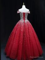 Shiny Red Sequins Pretty Long Prom Dress, Dark Red Sweet 16 Dresses