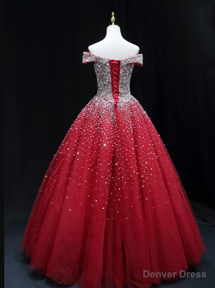 Shiny Red Sequins Pretty Long Prom Dress, Dark Red Sweet 16 Dresses