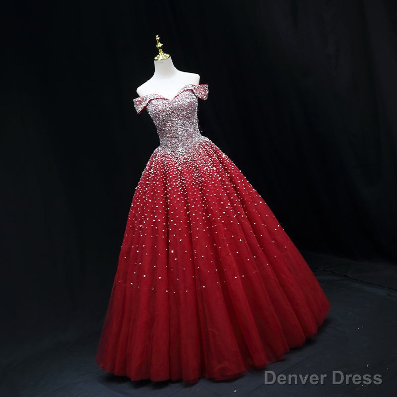 Shiny Red Sequins Pretty Long Prom Dress, Dark Red Sweet 16 Dresses