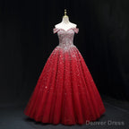 Shiny Red Sequins Pretty Long Formal Dress, Dark Red Sweet 16 Dresses