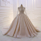 Shiny Sequined Long Sleevess Pleats Champange Wedding Dresses