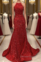Shiny Sequins Backless Mermaid Red Long Prom Dress, Mermaid Red Prom Dress, Backless Red Prom Dresses