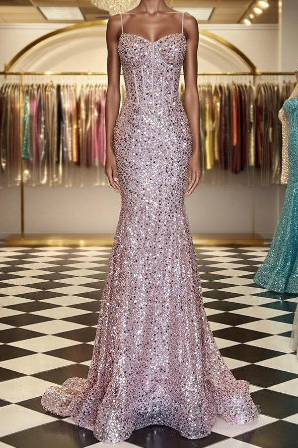 Shiny Sequins Mermaid Pink Long Prom Dress, Sweetheart Neck Pink Prom Dress, Mermaid Pink Prom Dresses Main image