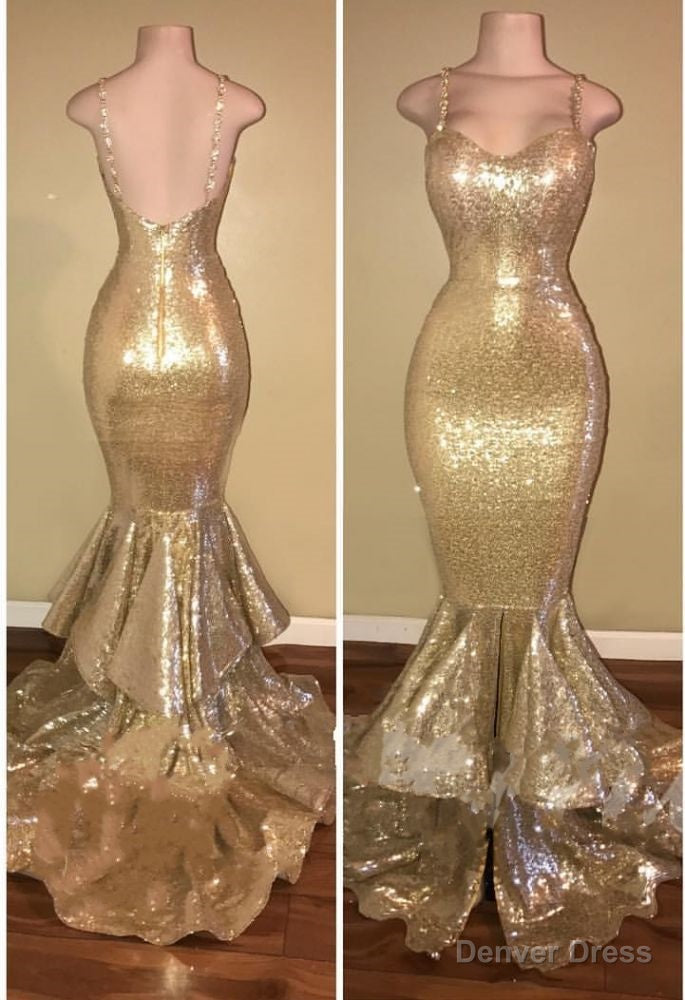 Shiny Sequins Mermaid Spaghettis-Straps Layers-Train Gold Prom Dresses Secondary image