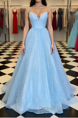 Shiny Sequins V Neck Blue Long Prom Dresses, Sparkly Blue Formal Graduation Evening Dresses