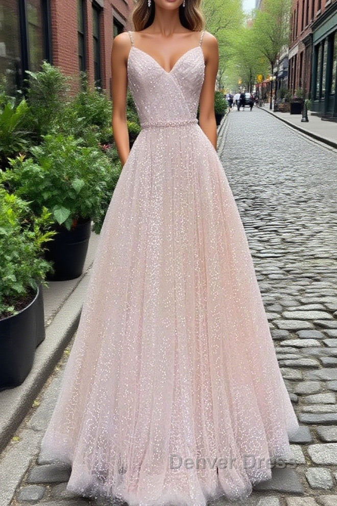 Shiny Sequins V Neck Pink Long Prom Dress, V Neck Pink Prom Graduation Prom Dresses