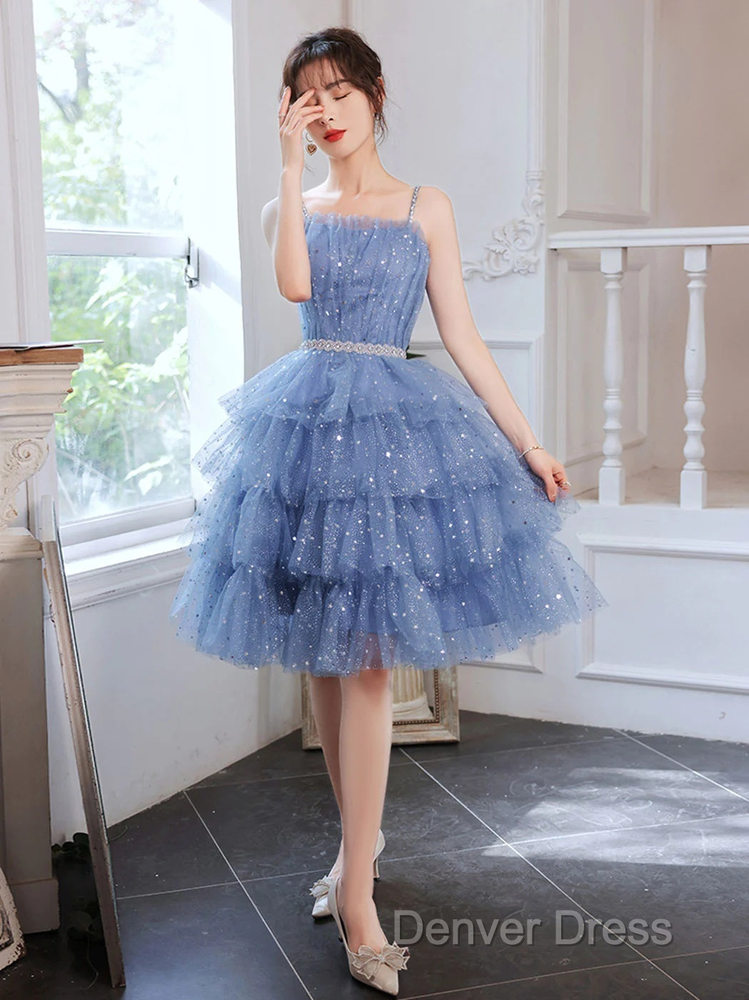 Shiny Short Puffy Blue Prom Dress A Line Puffy Homecoming Dresses