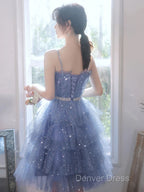 Shiny Short Puffy Blue Prom Dress A Line Puffy Homecoming Dresses