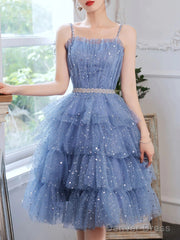Shiny Short Puffy Blue Prom Dress A-Line Puffy Homecoming Dress