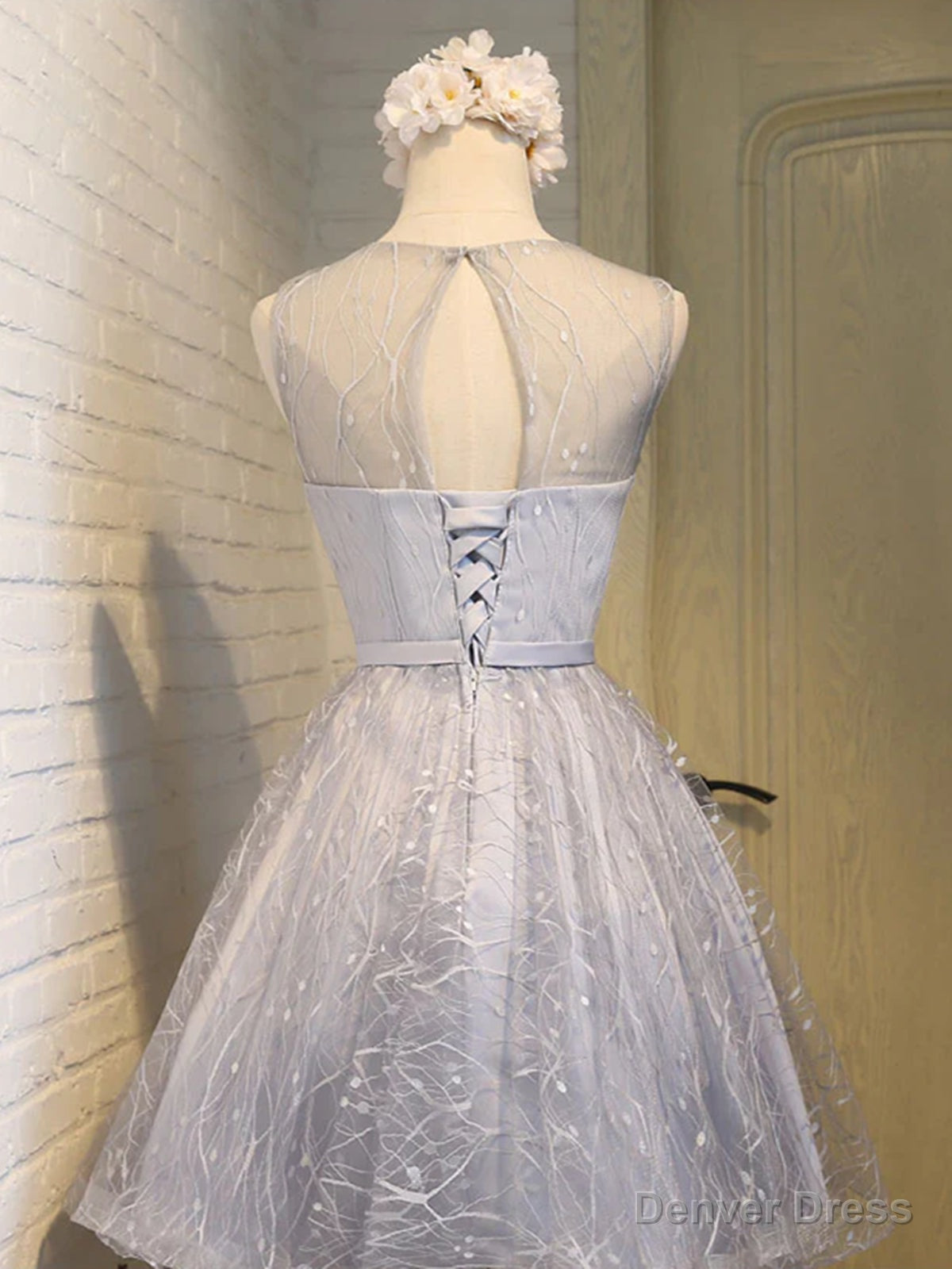 Shiny Silver Gray Short Lace Prom Dresses, Silver Gray Lace Short Homecoming Graduation Dresses Secondary image