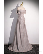 Shiny Silver Simple Long Pleats Prom Dresses with Off Shoulder Straps
