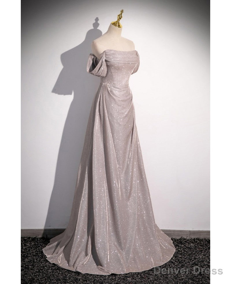 Shiny Silver Simple Long Pleats Prom Dresses with Off Shoulder Straps