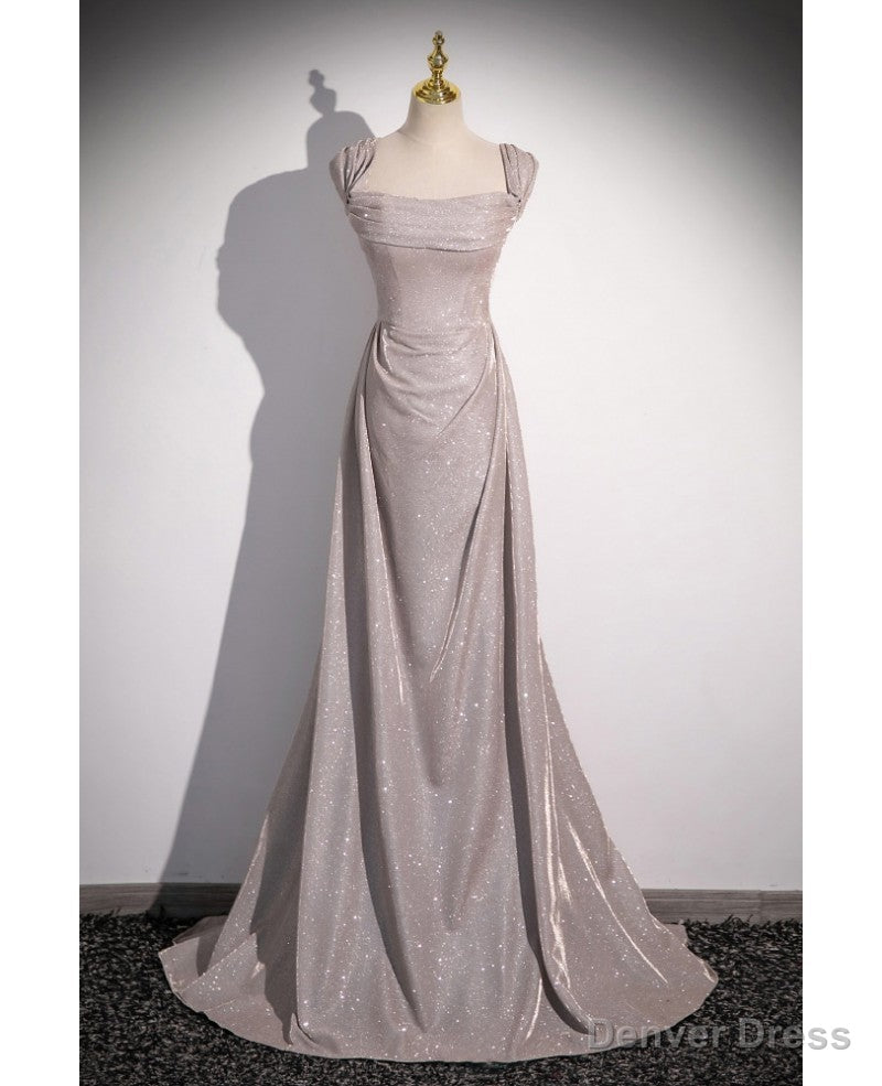 Shiny Silver Simple Long Pleats Prom Dresses with Off Shoulder Straps Main image